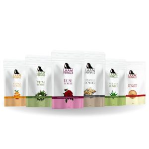 Laam Rose Petal, Orange Peel, Multani Mitti, Aloe Vera, Neem Leaf, Sandalwood Powder